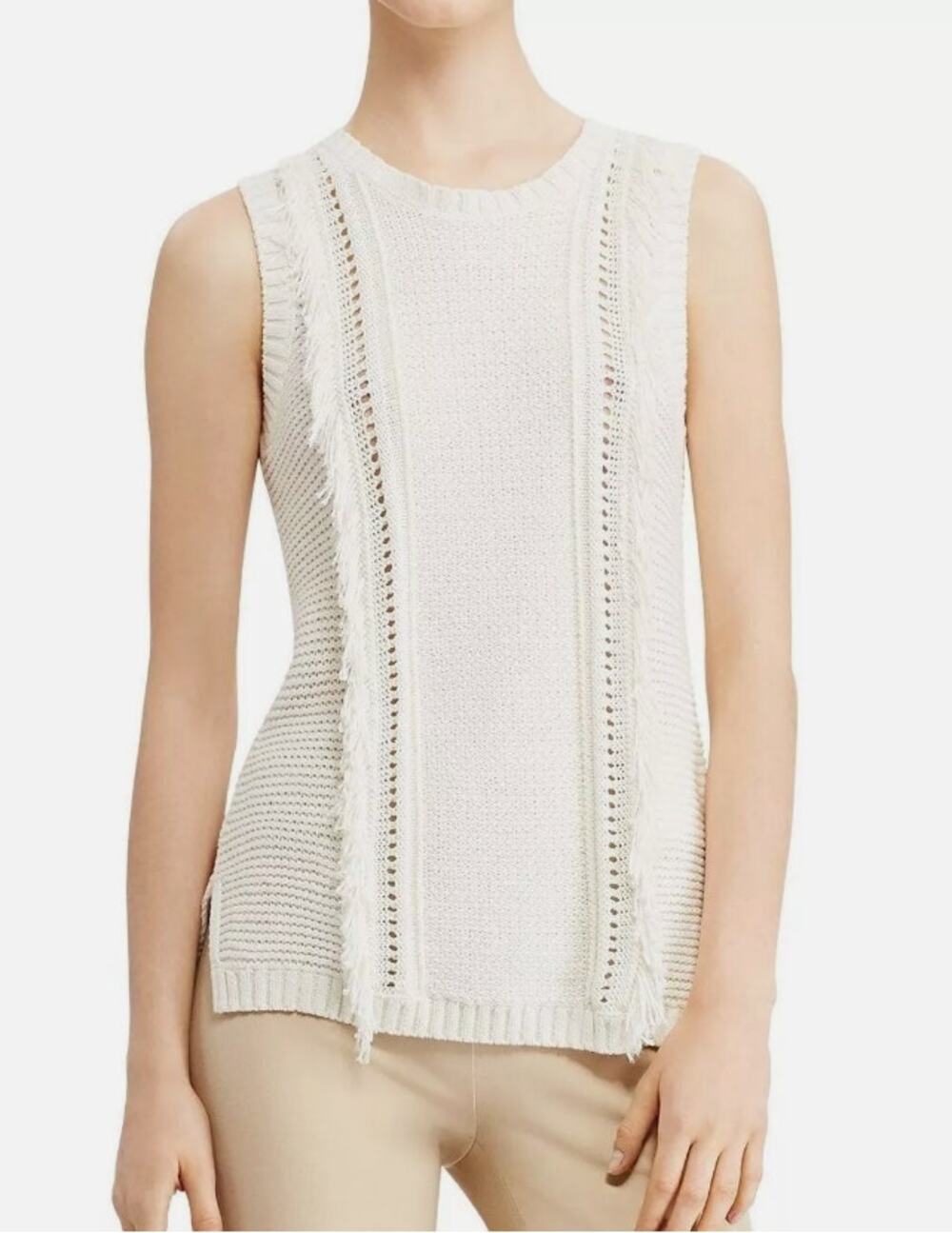 LRL RALPH LAUREN Fringe Sleeveless Tank Top Knit Sweater Pullover Cream XLarge